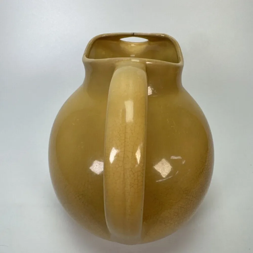 Vintage MCM Yellow Crazed Porcelain Water Pitcher USA w/ Ice Catcher 7